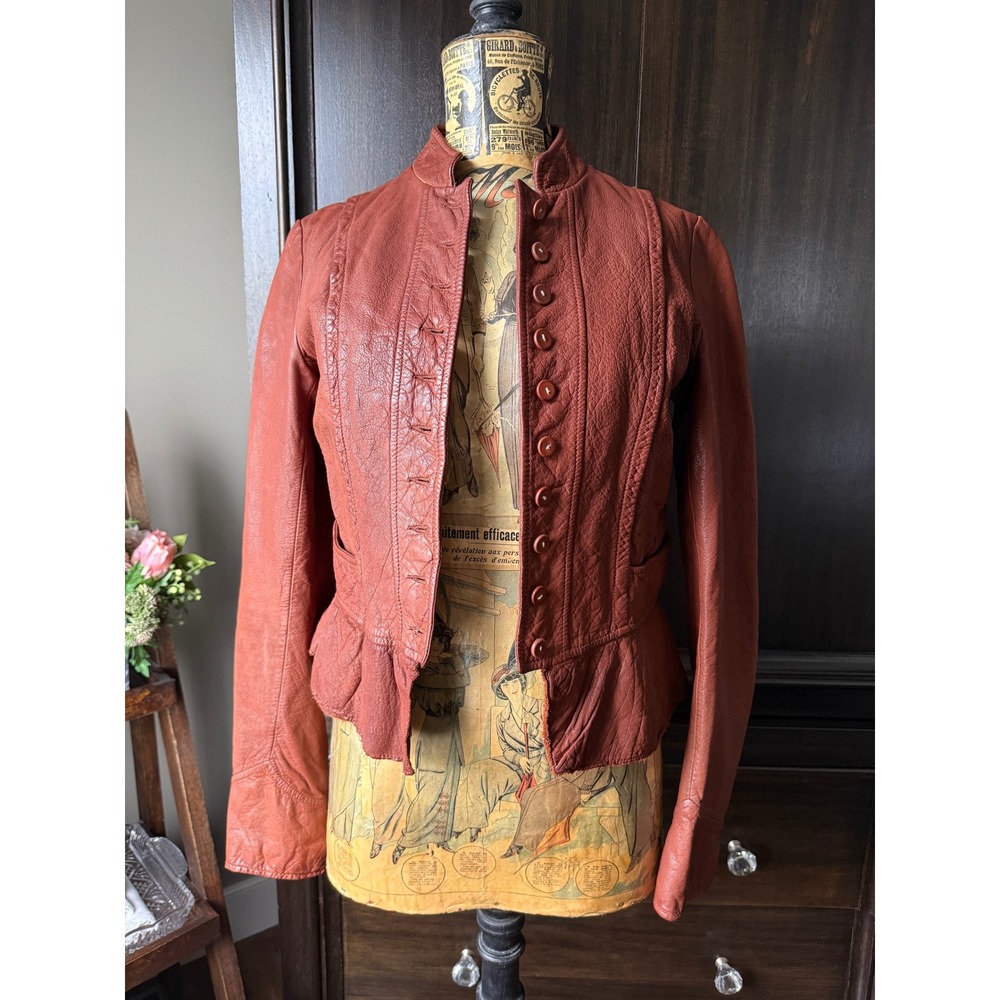 Vintage Earl Jean Leather Jacket Peplum Ruffle Brown M Y2K Military Style Womens